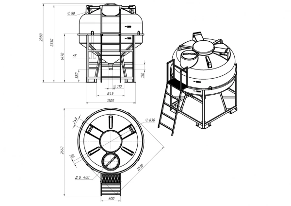 Емкость ЦКТ 3000 л с патрубком 110мм с фланцем под плотность до 1,5 г/см³ белая в обрешетке с лестницей
